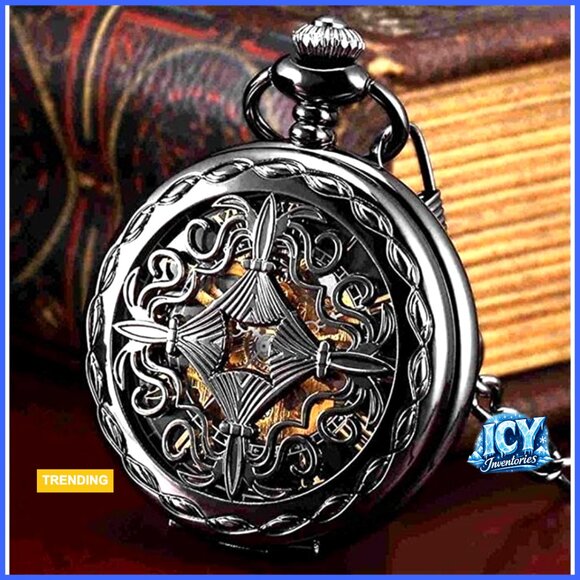 Vintage Mechanical Pocket Watch with Chain Skeleton Dial Roman Numerals main image 6